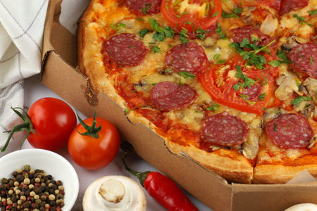 pizza box open. Pizza in the delivery boxの写真素材