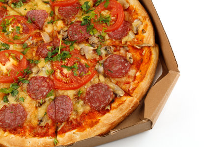 pizza box open. Pizza in the delivery boxの写真素材