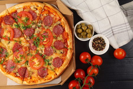 pizza box open. Pizza in the delivery boxの写真素材
