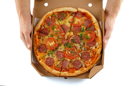 pizza box open. Pizza in the delivery boxの写真素材