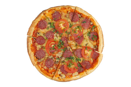 Pizza on white isolate. Pizza with tomato slices and bacon slices with cheeseの写真素材