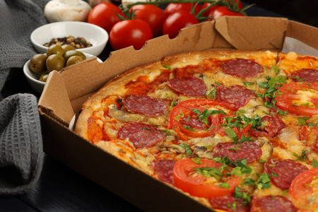pizza box open. Pizza in the delivery boxの写真素材