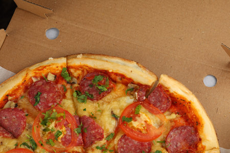 pizza box open. Pizza in the delivery boxの写真素材