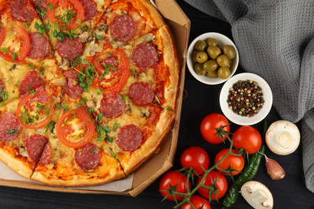 Pizza in a box on the table. Hot pizza with vegetables. Pizza in a restaurant.の写真素材
