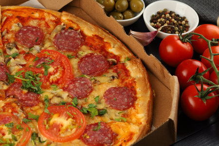 pizza box open. Pizza in the delivery boxの写真素材