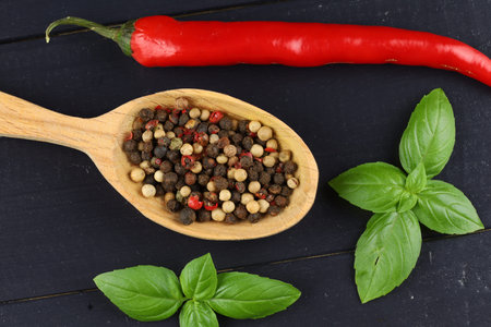 Green basil, spices and hot pepperの写真素材
