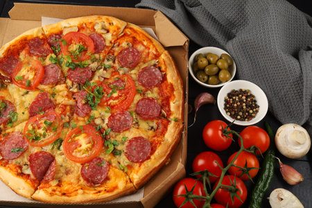 pizza box open. Pizza in the delivery boxの写真素材