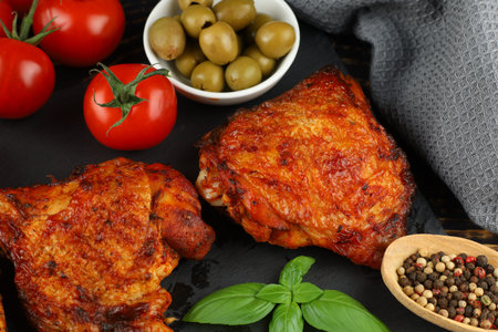 Chicken thighs baked with vegetables and spices. Grilled chicken meatの写真素材