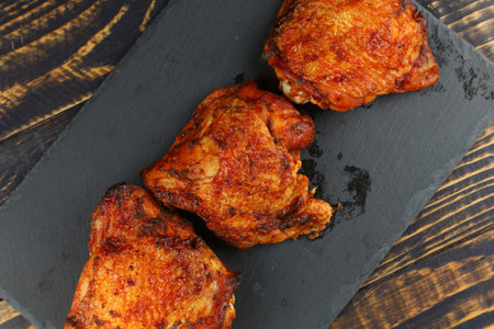 chicken thighs Baked. Grilled chicken thighs on plate over dark stoneの写真素材