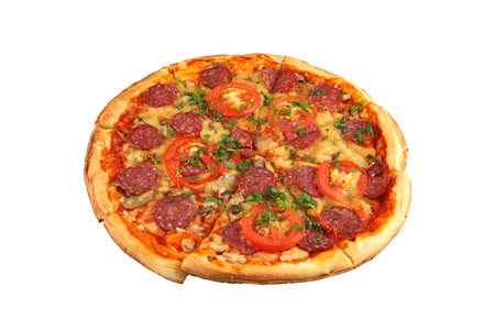 Pizza on white isolate. Pizza with tomato slices and bacon slices with cheeseの写真素材