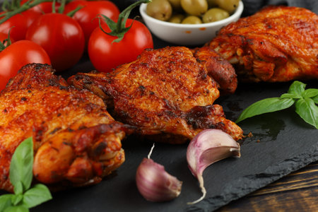 Chicken thighs baked with vegetables and spices. Fried chicken dish on the table.の写真素材