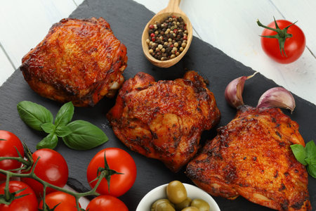 Chicken thighs baked with vegetables and spicesの写真素材