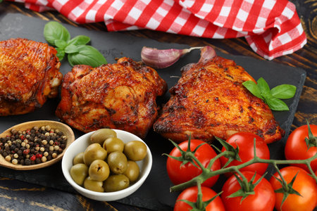 Chicken thighs baked with vegetables and spicesの写真素材
