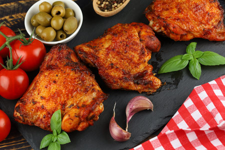 Chicken thighs baked with vegetables and spices. Delicious and appetizing food on the table.の写真素材