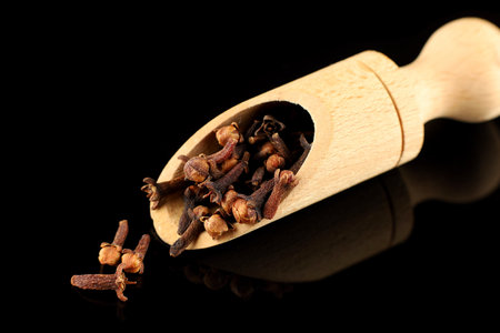 Clove spice in a wooden scoopの写真素材