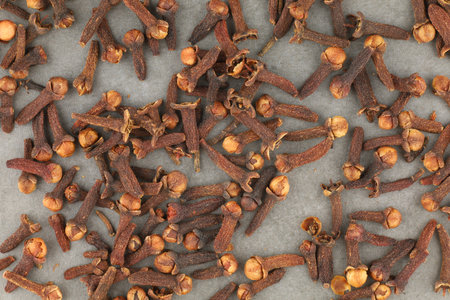 Clove spice heap on a gray backgroundの写真素材