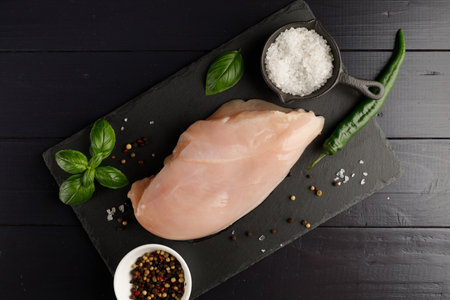 raw chicken fillet wood board top view. Fresh chicken breast with herbs and spices.の写真素材
