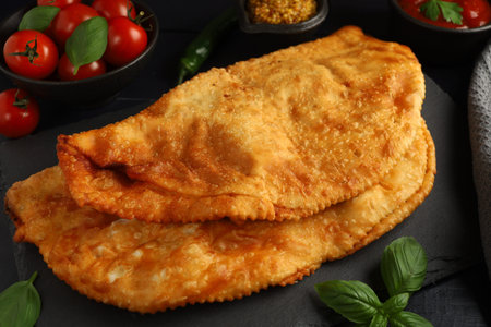 Chebureks with meat. Fried in oil chebureks with meat and herbs. street foodの写真素材