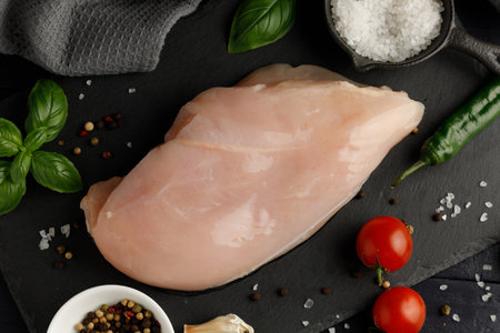 raw chicken fillet wood board top view. Fresh chicken breast with herbs and spices.の写真素材