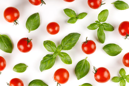 basil and tomato cherry. Tomato and basil greens.の写真素材