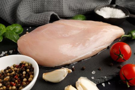 Raw chicken breasts and spices. fresh chicken breast. chicken breast fillets and seasoningsの写真素材