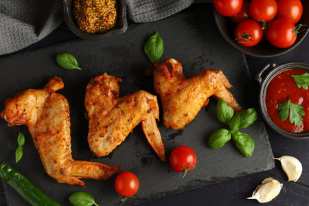 Bbq buffalo wings. Fried chicken on a dark background. delicious grilled chicken wingsの写真素材