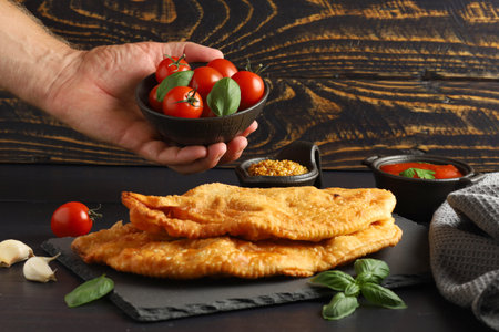 Chebureks with meat. East meat pastry cheburek. Fried chebureks close-upの写真素材