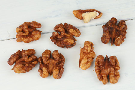 Peeled walnuts close-up. A few walnutsの写真素材