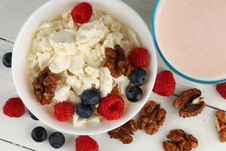 Homemade cheese with fruits. Useful and nutritious food. Proteins with vitamins. Fruit dessertの写真素材
