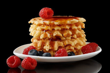 Belgian waffles with honey and berriesの写真素材
