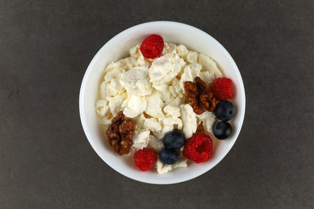 Homemade cheese with berries. Hearty and healthy breakfast. protein and vitaminsの写真素材