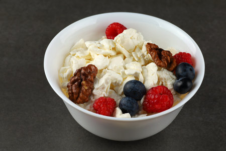 Homemade cheese with berries. Hearty and healthy breakfast. protein and vitaminsの写真素材