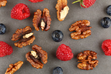 Berries and nuts. healthy food backgroundの写真素材