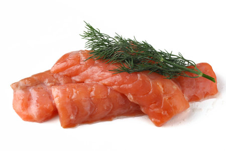 salmon fillet isolated and dill. salmon fillet white backgroundの写真素材