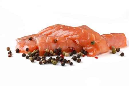 Salmon fillet with seasoning isolateの写真素材