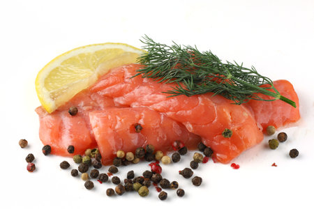salmon fillet meal on whiteの写真素材