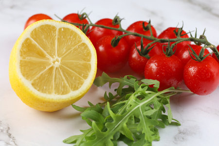 healthy eating background. Vegetables and greens on the tableの写真素材