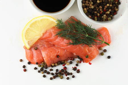 salmon fillet meal on whiteの写真素材