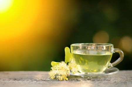 Linden tea in a transparent cup.の写真素材