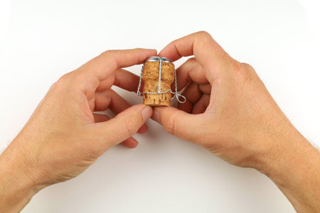Hands hold the cork from the sparkling wineの写真素材