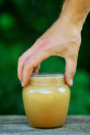 Honey in a jar in handの写真素材