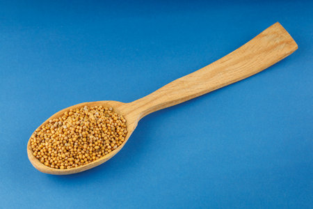 Millet in a wooden spoon on a blue backgroundの写真素材