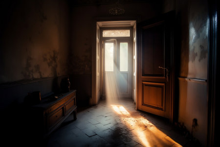 Light from the exposed trees of the old house. AI Generatedの素材