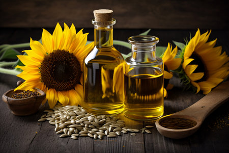 Sunflower oil in a glass bottle. AI Generatedの素材
