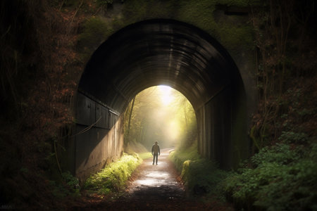 The man at the end of the tunnel and the light. AI Generatedの素材