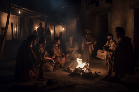 People sitting the fire night Roman Empire. AI Generatedの素材