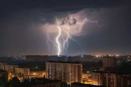 Lightning over the night city. AI Generatedの素材