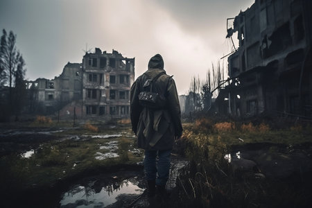 lonely stalker and ruined deserted city. AI Generatedの素材