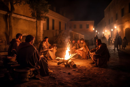People sitting the fire night Roman Empire. AI Generatedの素材