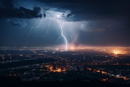 Lightning over the night city. AI Generatedの素材